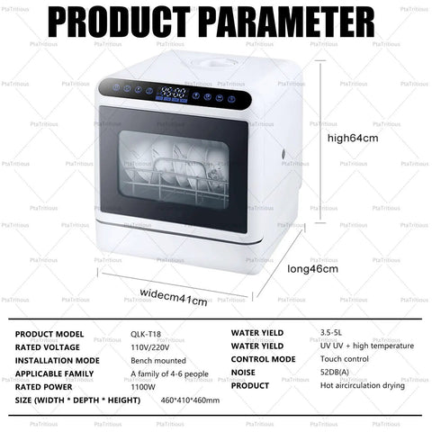 Compact Countertop Dishwasher Handles The Heavy Lifting With Automatic 1000 Watt Cleansing Cycles Spanning Eco Intensive And Quick Wash Options For Total No Fuss Kitchen Refresh, showing product parameters and dimensions.