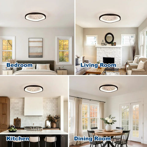Monikessy Modern Black Ceiling Fan with Lights 20" Low Profile Ceiling Fan in bedroom, living room, kitchen, and dining room settings.