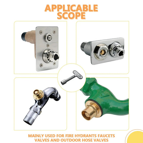 Fire Hydrant Water Spigot Key For Wall Faucets And Outdoor Hose Bibs, Universal Water Key Tool with lock and valve access shown.