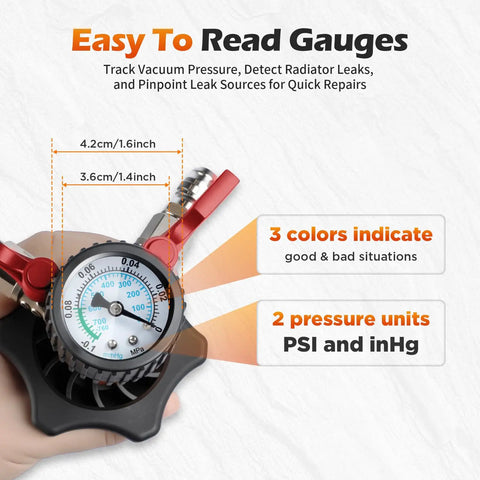 Easy to read gauge shows pressure measurements in PSI and inHg for No Fuss Heavy Duty Coolant Vacuum Refill Kit with durable adapters.