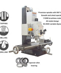 Shop Ready Mini Milling And Drilling Machine With R8 Spindle Taper And Wide Benchtop Table showcasing precision spindle and 1100W motor.