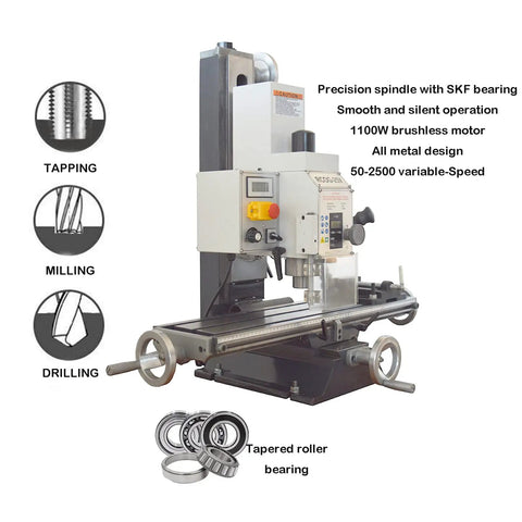 Shop Ready Mini Milling And Drilling Machine With R8 Spindle Taper And Wide Benchtop Table showcasing precision spindle and 1100W motor.
