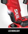 Close-up of Compact Brushless Flip Drill Driver With Double Collet Flip Head Torque Settings, showing LED worklight and brand logo.
