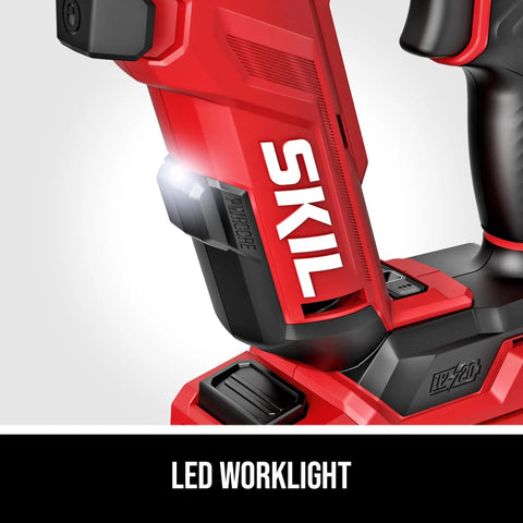Close-up of Compact Brushless Flip Drill Driver With Double Collet Flip Head Torque Settings, showing LED worklight and brand logo.
