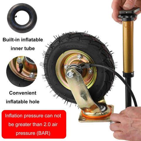 Set Of Four Rock Solid Pneumatic Caster Wheels With Smooth Rolling Rubber Tires For Cart And Furniture Moving Industrial Grade Hauling Gear With No Nonsense Real Deal Build close-up of caster wheel with inner tube and inflation hole