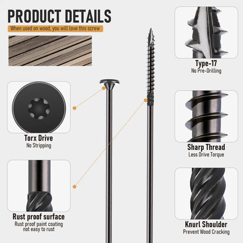 Tough as Nails 8-Inch Size 14 Heavy-Duty Wood Screws Star Drive Deck and Fence Fasteners Rust Resistant Black Carbon Steel T30 Compatible for Outdoor Landscaping and Timber Work Reliable Grip 50 Pack showing Torx drive and sharp thread details.
