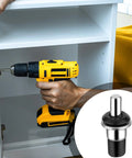 Person using drill on cabinet with inset of Spring Loaded Cabinet Repair Pins For DIY Home Fixes Replacement Pins For Cabinet Doors And Shelves