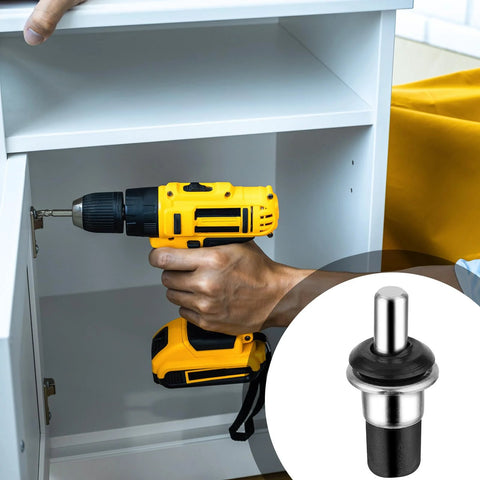 Person using drill on cabinet with inset of Spring Loaded Cabinet Repair Pins For DIY Home Fixes Replacement Pins For Cabinet Doors And Shelves