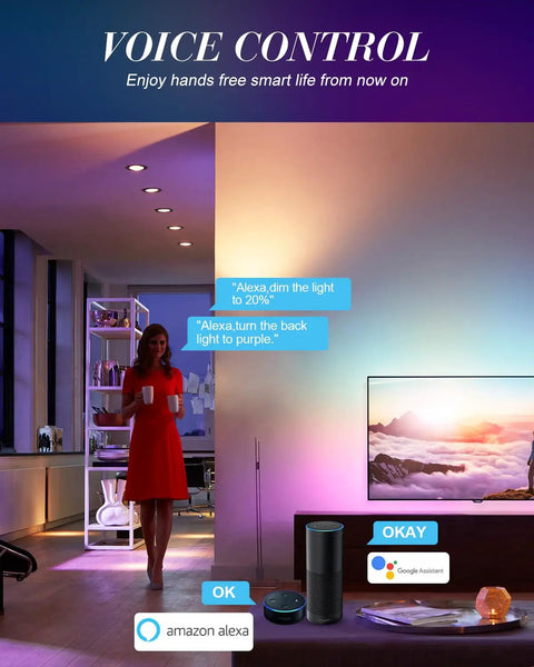 Smart Recessed Lighting 4 Pack Ultra Thin 4 Inch RGB LED Downlights with voice control via Alexa and Google Assistant in living room.