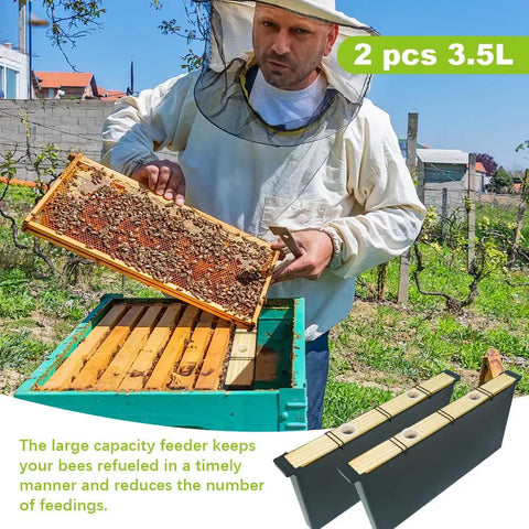 Two Pack 3.5L Bee Feeders For Deep Beehive Frames with beekeeper inspecting frames