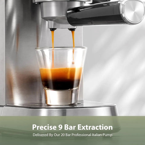 Barista Grade Espresso Machine With Milk Frother For Home Use, 20 Bar Pump, Stainless Steel Build, espresso extraction close-up
