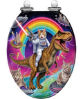 Elongated Quiet Close Toilet Seat for Bathroom with a whimsical space-themed design featuring cats and dinosaurs.