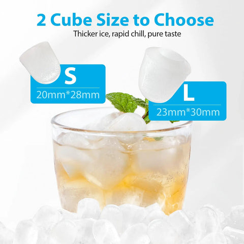 Countertop Ice Maker Delivers Bullet Ice In Just 6 Minutes, 26 Lb Per Day Capacity, image showing two ice cube sizes, small and large