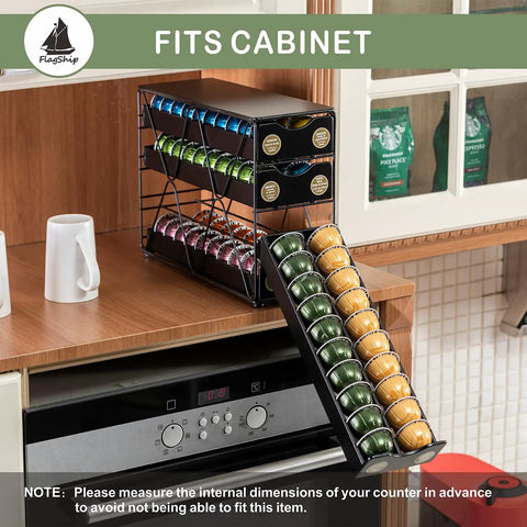 4 Tier Nespresso Pod Drawer Organizer For Vertuo Capsules Holds Up To 80 Pods on kitchen countertop, drawer open