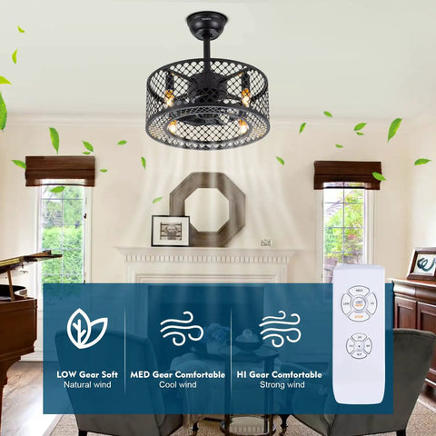 Dope Caged Ceiling Fan With Lights Remote Control, Industrial Enclosed Blades, Reversible Motor, 3 Speeds, 18 Inch Black Fixture For Living Room, Bedroom, Kitchen Island, Dining Room