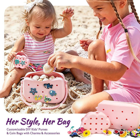 Girls on beach playing with Fifty Plus Piece DIY Wristbands And Purse Kit For Girls Create Two Silicone Purses Three Charm Wristbands