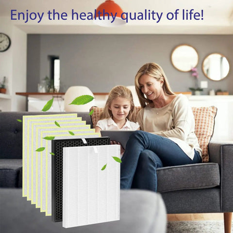 Mother and daughter in living room with HR900 Replacement Filter Kit 2-Pack for Purifier Includes Filter T and Filter U.