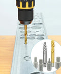 Drill boring into metal with parts of 35 Piece Helical Screw Puller Kit With Left Hand Drill Bits And Multi Spline Pullers