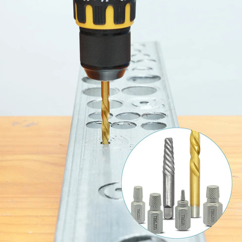 Drill boring into metal with parts of 35 Piece Helical Screw Puller Kit With Left Hand Drill Bits And Multi Spline Pullers
