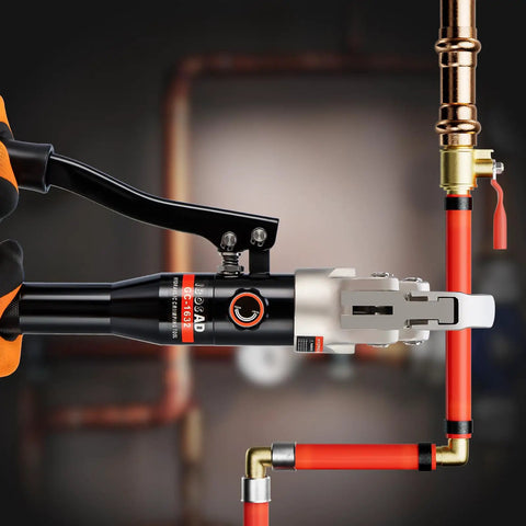 Pro Grade Hydraulic Copper Pipe Crimping Tool Kit With Half, Three Quarter, One Inch Die Sets For Copper Tube And F877 Stainless PEX Sleeves Rotating Head Aluminum Alloy Body Portable Design Ditch Leaks And Save Time Copper Color, on copper pipe