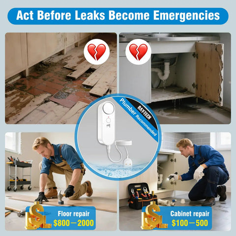 Infographic of home water damage costs with Water Level Alarm Sensor for Basements and plumber recommendations.