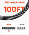 Full Throttle Auto Feed Sewer Snake Auger 100 Ft Steel Cable showing 3/4 inch diameter, flexible for 90-degree bends.