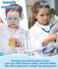 Kids Lab Coat Doctor Costume For Halloween And Career Day Realistic White Coat For Boys And Girls Ages 7 To 9 Kid Friendly Role Play Dress Up Dream Big Comfortably Made From Polyester Cotton Fabric, children engaged in playful scientific exploration and doctor role play.