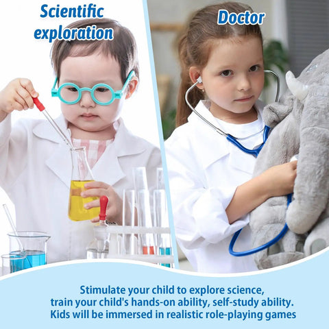 Kids Lab Coat Doctor Costume For Halloween And Career Day Realistic White Coat For Boys And Girls Ages 7 To 9 Kid Friendly Role Play Dress Up Dream Big Comfortably Made From Polyester Cotton Fabric, children engaged in playful scientific exploration and doctor role play.