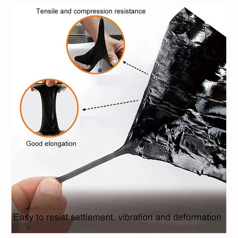 Close-up of black Top Shelf Waterproof Aluminum Foil Tape showing tensile resistance, used for RV roof fixes and sealing leaks.
