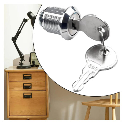 Set Of Four Premium Zinc Alloy Cam Locks 16 To 30 Mm for Cabinets with keys beside wooden desk and lamp
