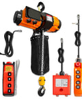 Front view: YATOINTO 2-Speed electric chain hoist, 2200lb, orange housing, 10ft G80 chain, remote and pendant.