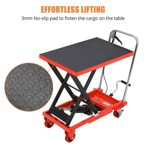 Heavy Duty Hydraulic Lift Table Cart 500 Lb Capacity Single Scissor Pump showing non-slip pad and lifting mechanism detail.