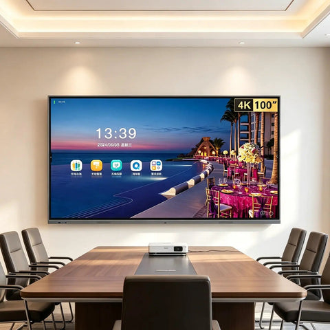 65 Inch 4K UHD Interactive Touch Monitor With Smooth Gliding Rolling Cart Stand Featuring Dual Operating Systems And Eye Relief Matte Anti Glare Ips Display For Classrooms Office Spaces And Home Theater in a conference room.