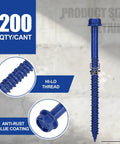 200 Piece Blue Hex Concrete Screw Anchors 1/4 X 3-1/4 Inch PTFE Carbon Steel Masonry Bolts showing blue coating and hi-lo thread.