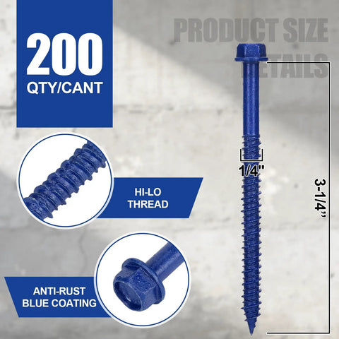 200 Piece Blue Hex Concrete Screw Anchors 1/4 X 3-1/4 Inch PTFE Carbon Steel Masonry Bolts showing blue coating and hi-lo thread.