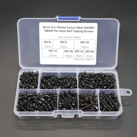 Heavy Duty M3/3mm Pan Head Self Tapping Screws Assortment Kit 500 Pack Zinc Plated Carbon Steel in organizer box