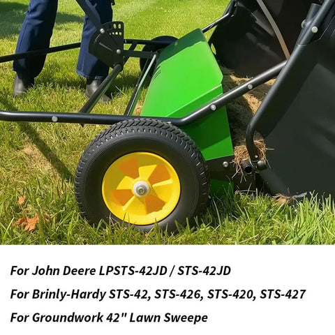 Heavy Duty Lawn Sweeper Wheel Drive Pinion Gear Kit Badass Replacement For John Deere Brinly Hardy Groundwork 42 Inch Yard Equipment Oem Compatible R2485 Rh Lh R2261 close-up of lawn sweeper wheel and body on grass.