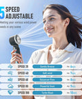 Woman using Portable Handheld Turbo Fan With Ice Cooling Rechargeable Personal Fan Up To 12 Hours Of Cooling Five Speeds And 25550 RPM Turbo Wind