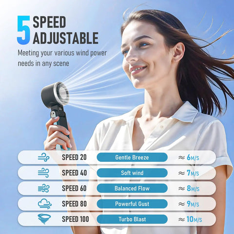 Woman using Portable Handheld Turbo Fan With Ice Cooling Rechargeable Personal Fan Up To 12 Hours Of Cooling Five Speeds And 25550 RPM Turbo Wind