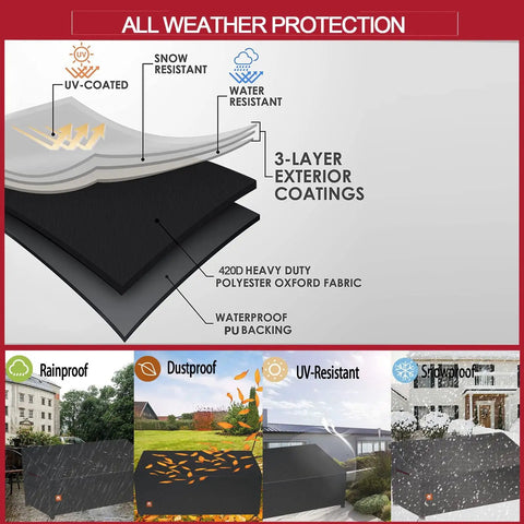 Graphic showing features of All Weather 2 Seater Outdoor Bench Cover Waterproof 53W By 26D By 35H Inches with UV, water, and snow resistance.