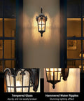 Vintage Black Outdoor Wall Lantern With Water Ripple Glass 17.7 Inch Exterior Sconce Waterproof And Anti Rust Porch Light Shining
