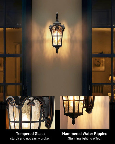 Vintage Black Outdoor Wall Lantern With Water Ripple Glass 17.7 Inch Exterior Sconce Waterproof And Anti Rust Porch Light Shining
