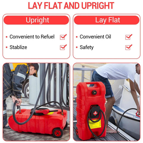 Upgraded 16 Gallon Gas Tank Caddy With Heavy Duty HDPE Construction Manual Transfer Pump 10 Foot Hose Portable Gas Can On Casters Leak Proof Fuel Reservoir For Lawn Mowers Tractors Boats And Snow Blowers being used upright and lay flat