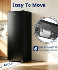 Premium Straight Up Slick 6.5 Cubic Foot Freestanding Upright Freezer For Tight Apartment Spaces with smooth wheels for easy movement.