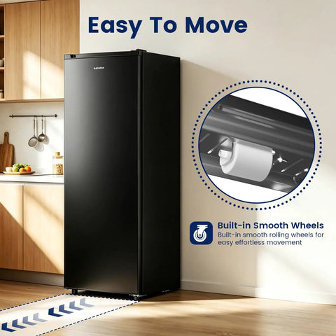 Premium Straight Up Slick 6.5 Cubic Foot Freestanding Upright Freezer For Tight Apartment Spaces with smooth wheels for easy movement.