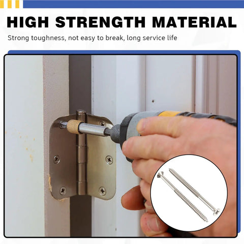 Person using Workhorse 3 Inch Satin Nickel Wood Screws One Hundred Pack to secure a door hinge with a power drill.