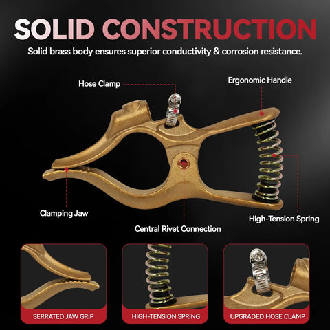 T Style 400A Heavy Duty Brass Welding Ground Clamp with labels on ergonomic handle, hose clamp, and high-tension spring