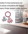 15 Piece O Ring Seal Kit For Maintenance Steam Valve Outlet Valve Boiler Brew Unit Universal Espresso Machine O Ring Repair Set For Preventing Leaks And Keeping Your Coffee Maker Running Smoothly displayed with espresso machine in a kitchen.