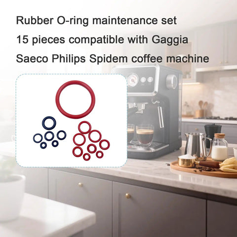 15 Piece O Ring Seal Kit For Maintenance Steam Valve Outlet Valve Boiler Brew Unit Universal Espresso Machine O Ring Repair Set For Preventing Leaks And Keeping Your Coffee Maker Running Smoothly displayed with espresso machine in a kitchen.