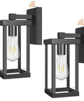 Dusk To Dawn Outdoor Wall Lantern Fixture Set Of 2 With IC Sensor Matte Black Exterior Wall Mount Porch Lights Anti Rust Waterproof LED Sconce For Front Porch Hands Free Auto On Off At Night, showing matte black frame and clear glass bulb